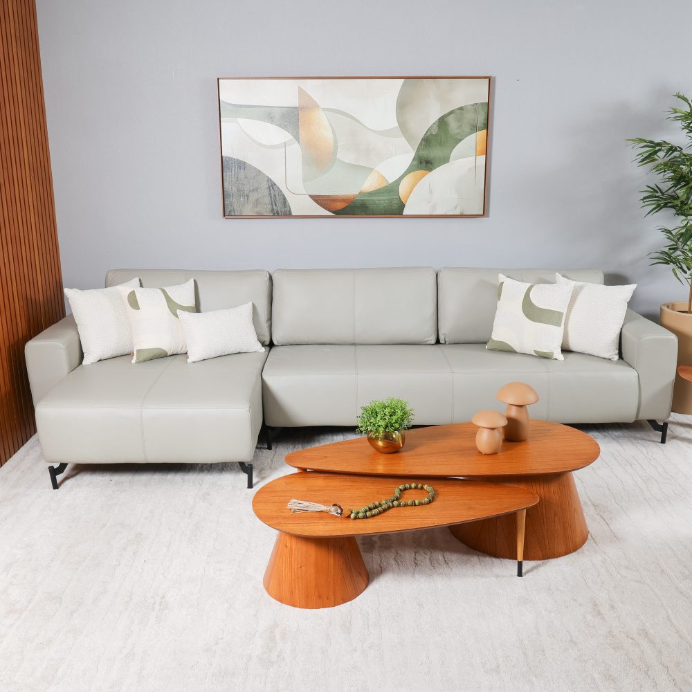 SOFA BAKEL 3,49M CHAISE ESQUERDA COURO CINZA